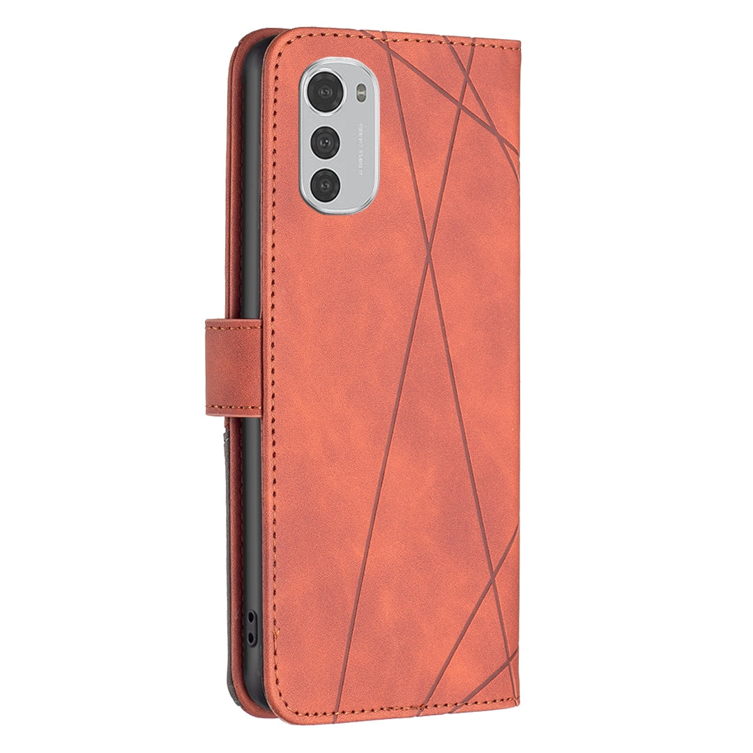 Motorola Moto E32 4G Wallet Case – Rhombus Texture PU Leather, Magnetic Buckle, Card Slots, Stand Function, Shockproof Protective Cover