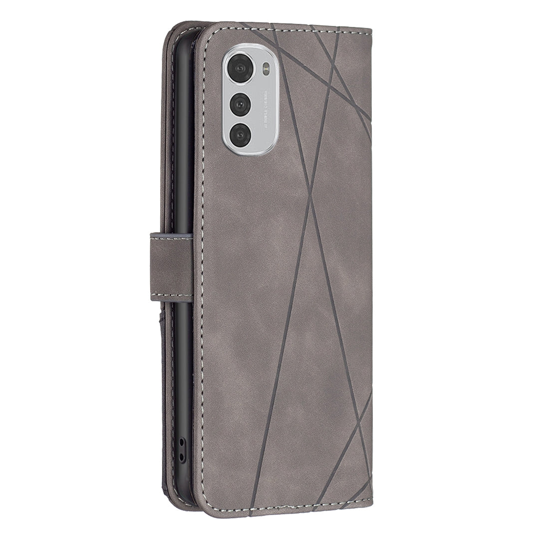 Motorola Moto E32 4G Wallet Case – Rhombus Texture PU Leather, Magnetic Buckle, Card Slots, Stand Function, Shockproof Protective Cover