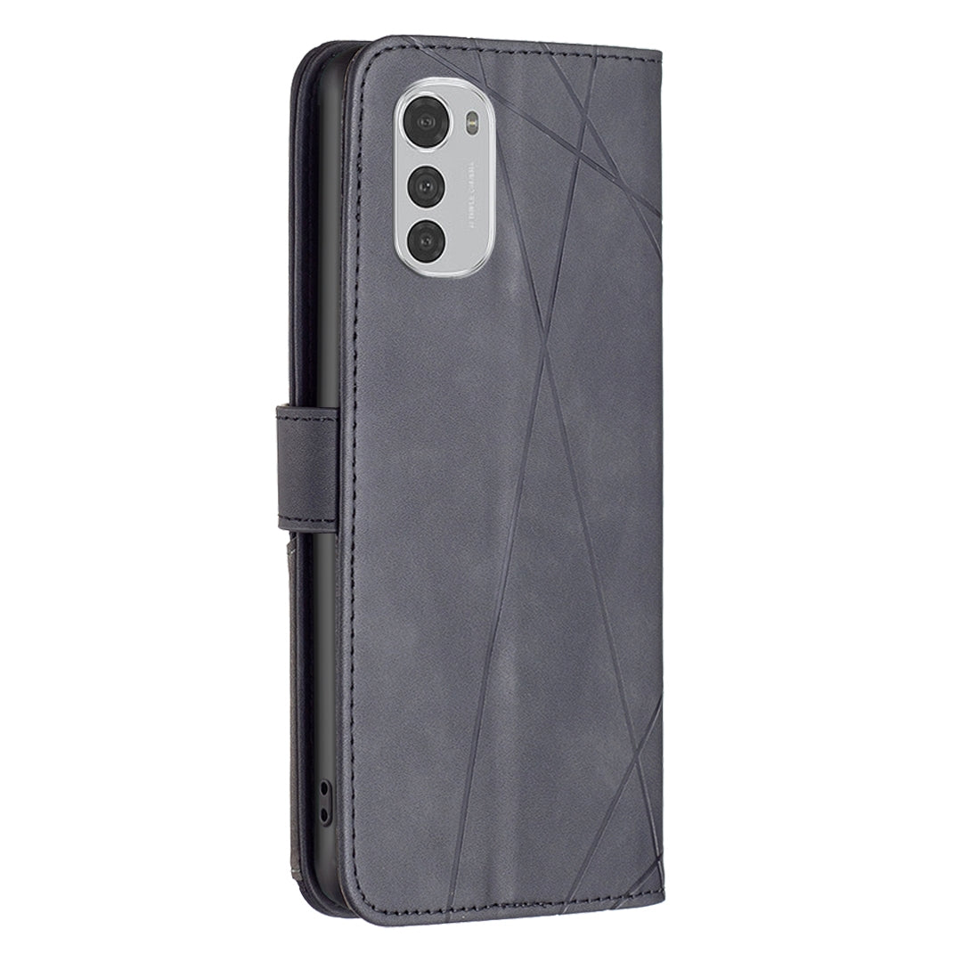 Motorola Moto E32 4G Wallet Case – Rhombus Texture PU Leather, Magnetic Buckle, Card Slots, Stand Function, Shockproof Protective Cover