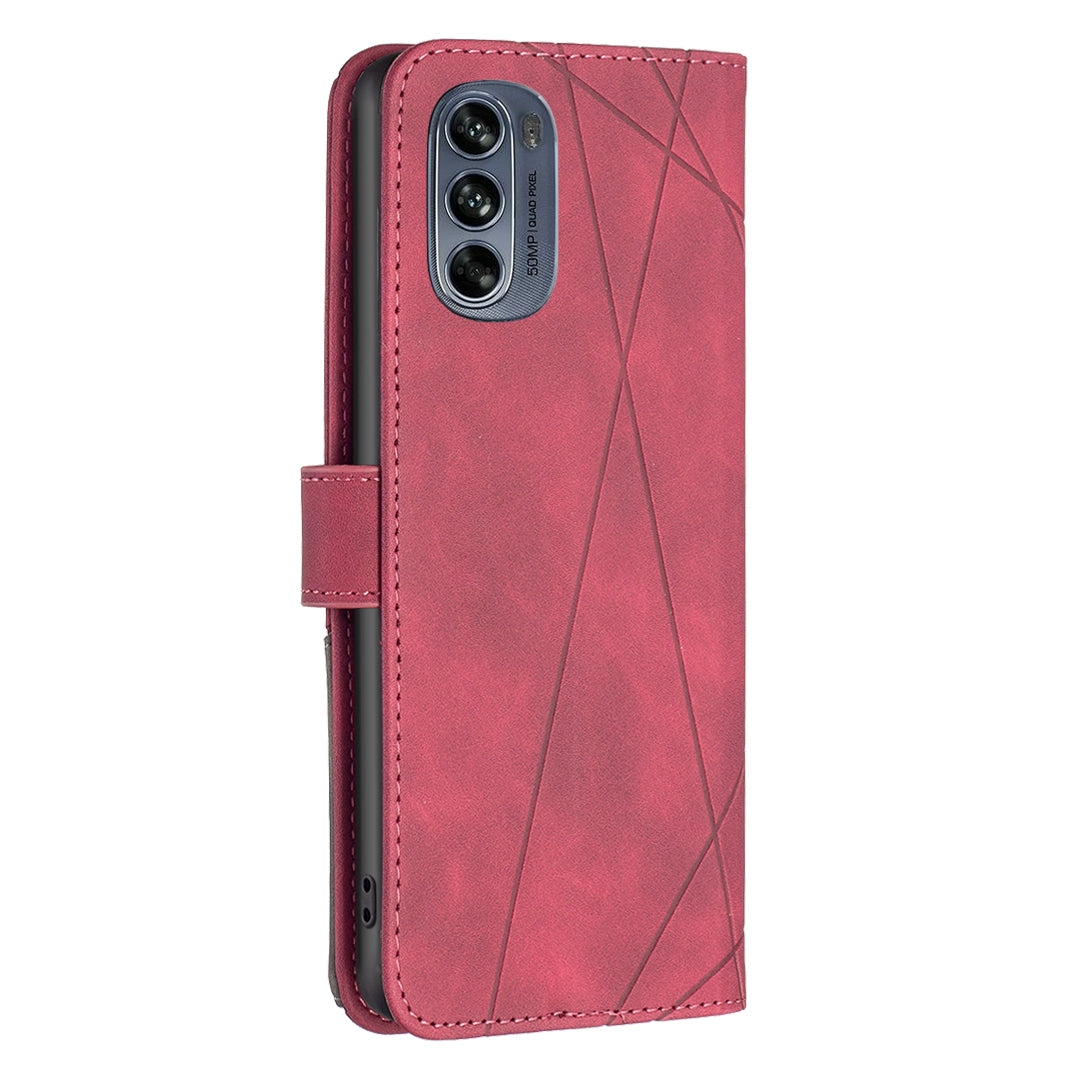 Motorola Moto G62 Wallet Case – Rhombus Texture PU Leather, Magnetic Buckle, Card Slots, Stand Function, Shockproof Protective Cover