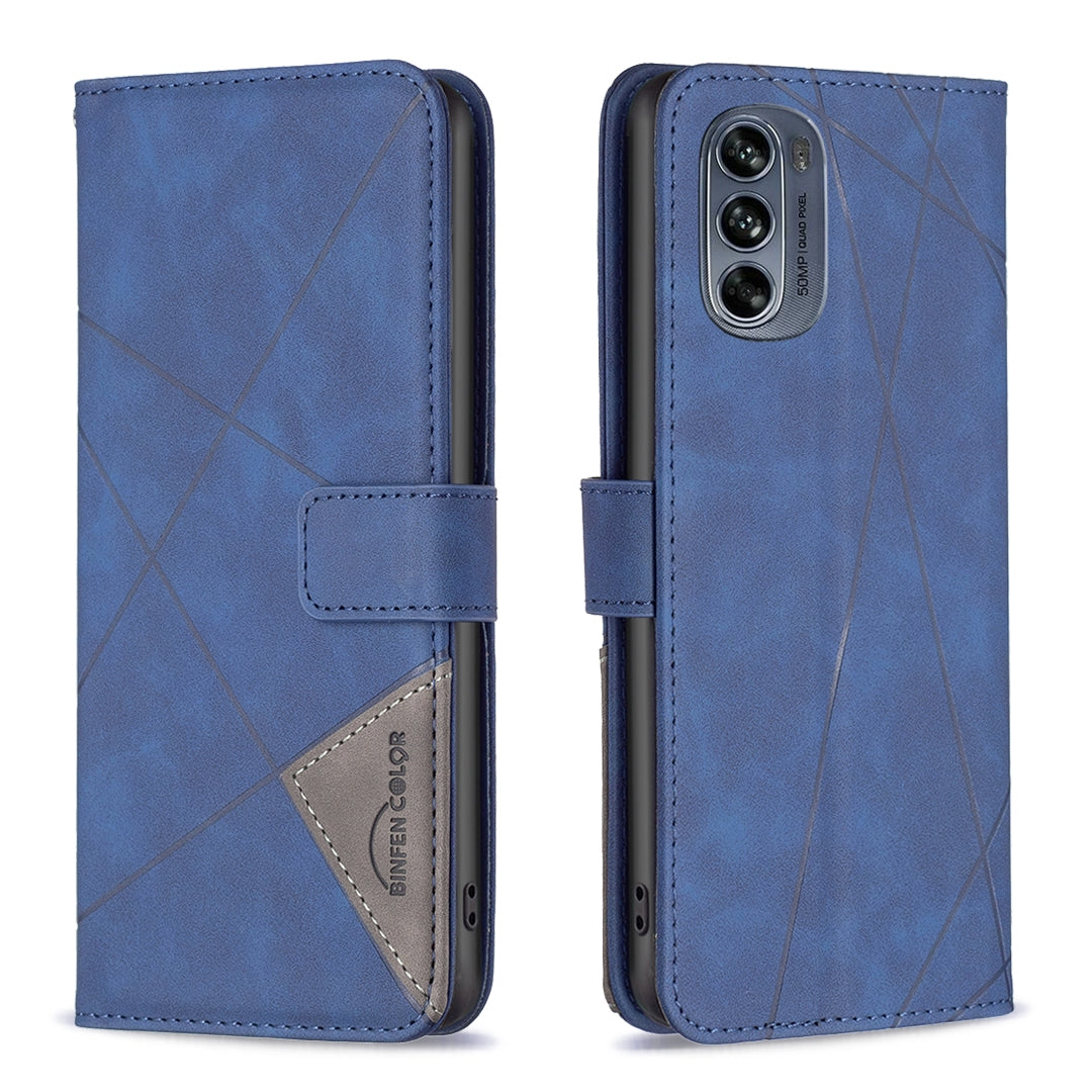 Motorola Moto G62 Wallet Case – Rhombus Texture PU Leather, Magnetic Buckle, Card Slots, Stand Function, Shockproof Protective Cover