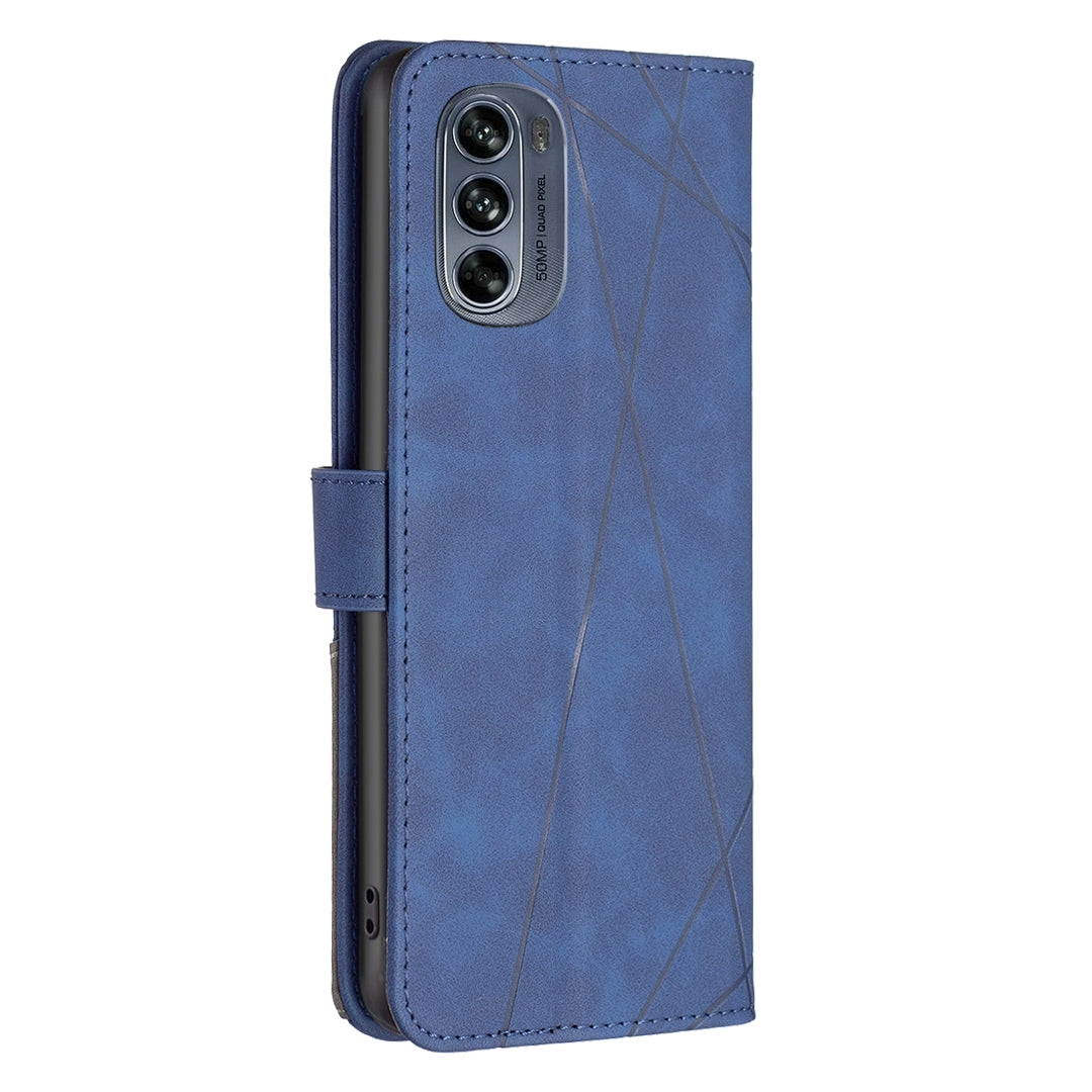 Motorola Moto G62 Wallet Case – Rhombus Texture PU Leather, Magnetic Buckle, Card Slots, Stand Function, Shockproof Protective Cover