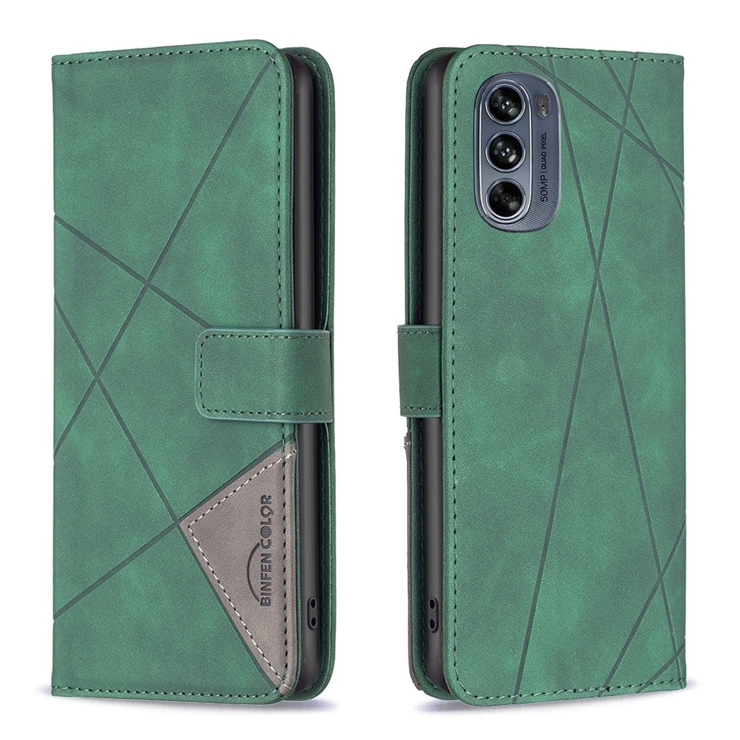 Motorola Moto G62 Wallet Case – Rhombus Texture PU Leather, Magnetic Buckle, Card Slots, Stand Function, Shockproof Protective Cover