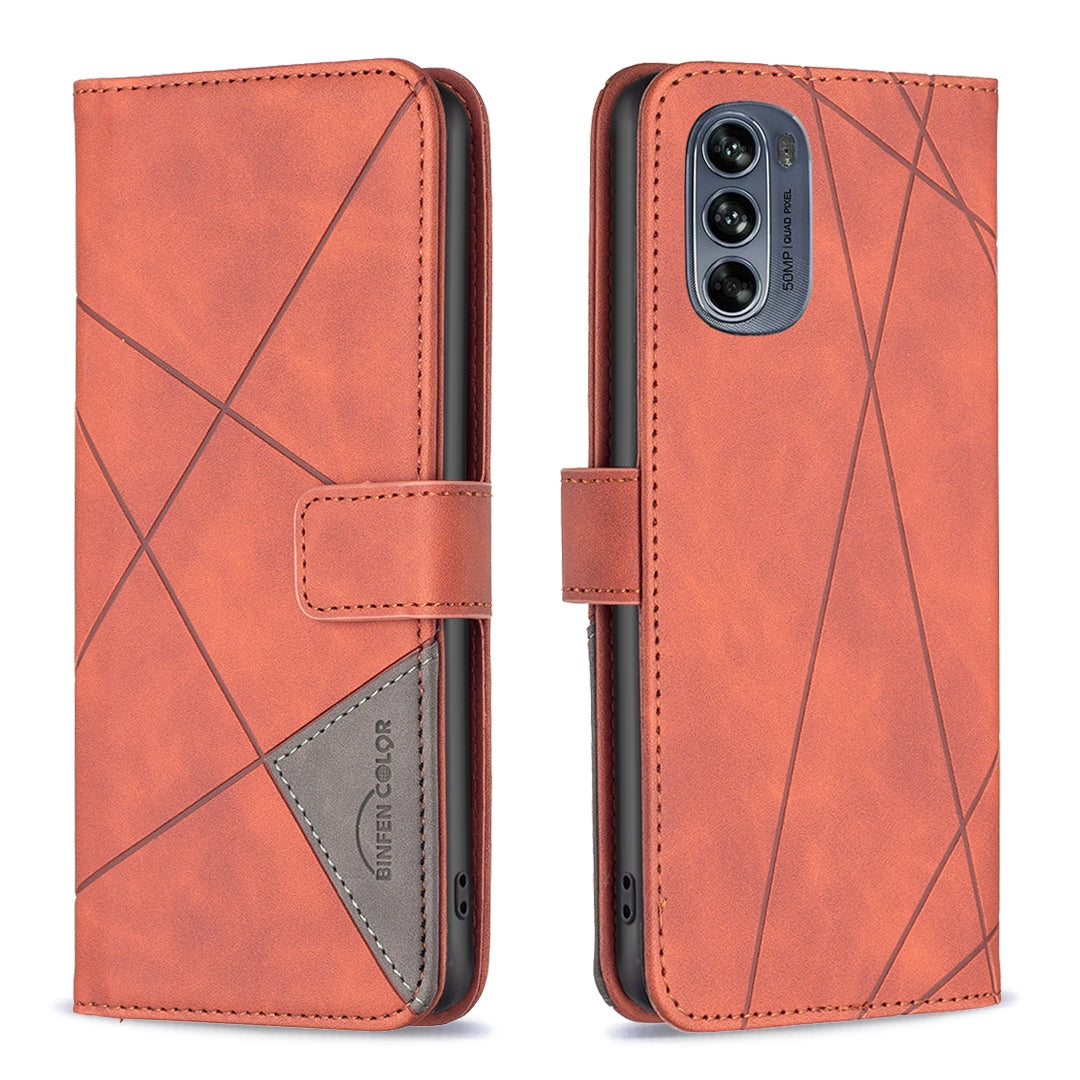 Motorola Moto G62 Wallet Case – Rhombus Texture PU Leather, Magnetic Buckle, Card Slots, Stand Function, Shockproof Protective Cover