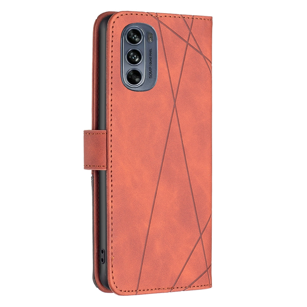 Motorola Moto G62 Wallet Case – Rhombus Texture PU Leather, Magnetic Buckle, Card Slots, Stand Function, Shockproof Protective Cover