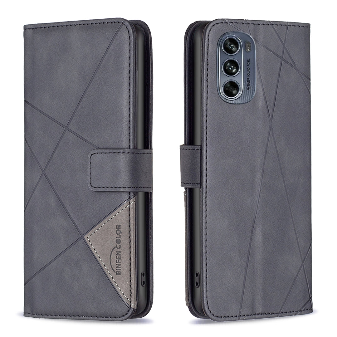 Motorola Moto G62 Wallet Case – Rhombus Texture PU Leather, Magnetic Buckle, Card Slots, Stand Function, Shockproof Protective Cover