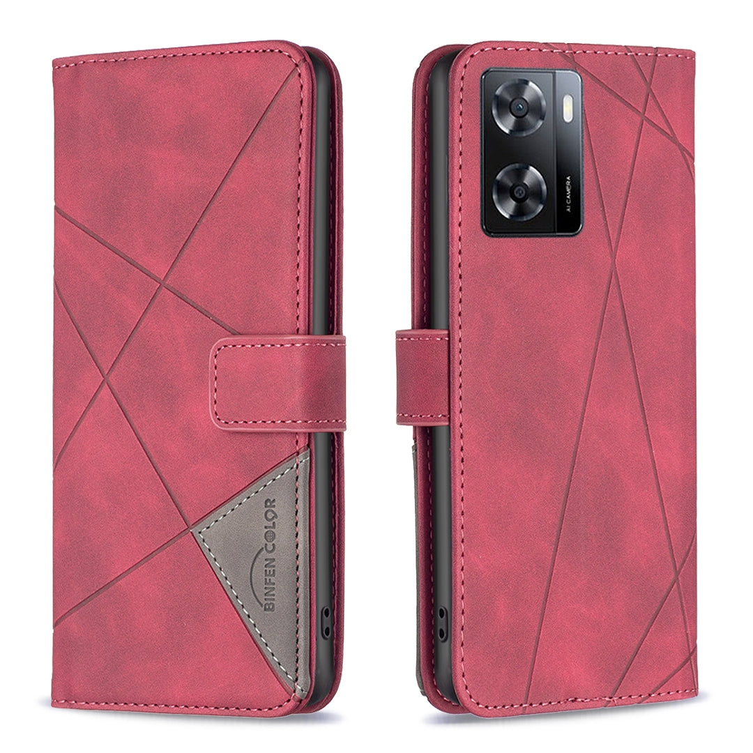 OPPO A57 4G Wallet Case – Rhombus Texture PU Leather, Magnetic Buckle, Card Slots, Stand Function, Shockproof Protective Cover