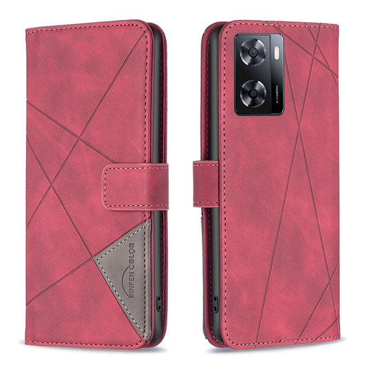 OPPO A57 4G Wallet Case – Rhombus Texture PU Leather, Magnetic Buckle, Card Slots, Stand Function, Shockproof Protective Cover