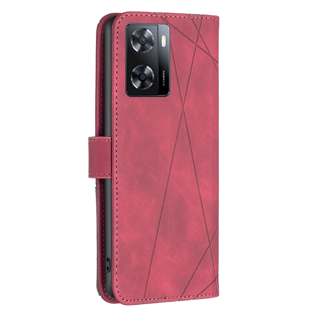 OPPO A57 4G Wallet Case – Rhombus Texture PU Leather, Magnetic Buckle, Card Slots, Stand Function, Shockproof Protective Cover