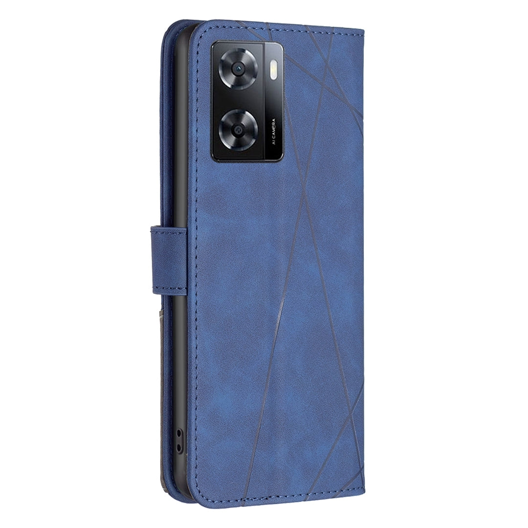 OPPO A57 4G Wallet Case – Rhombus Texture PU Leather, Magnetic Buckle, Card Slots, Stand Function, Shockproof Protective Cover