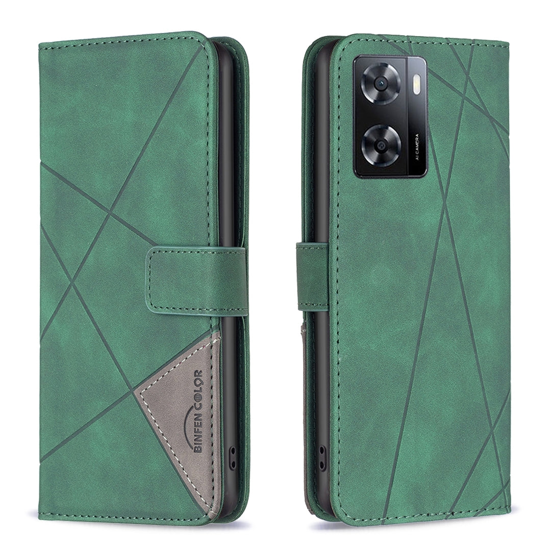 OPPO A57 4G Wallet Case – Rhombus Texture PU Leather, Magnetic Buckle, Card Slots, Stand Function, Shockproof Protective Cover
