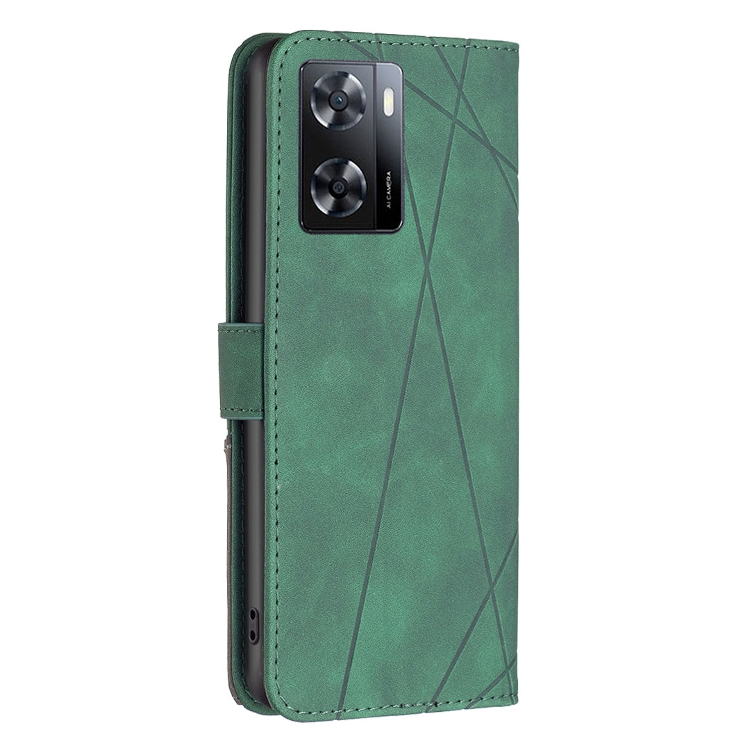 OPPO A57 4G Wallet Case – Rhombus Texture PU Leather, Magnetic Buckle, Card Slots, Stand Function, Shockproof Protective Cover