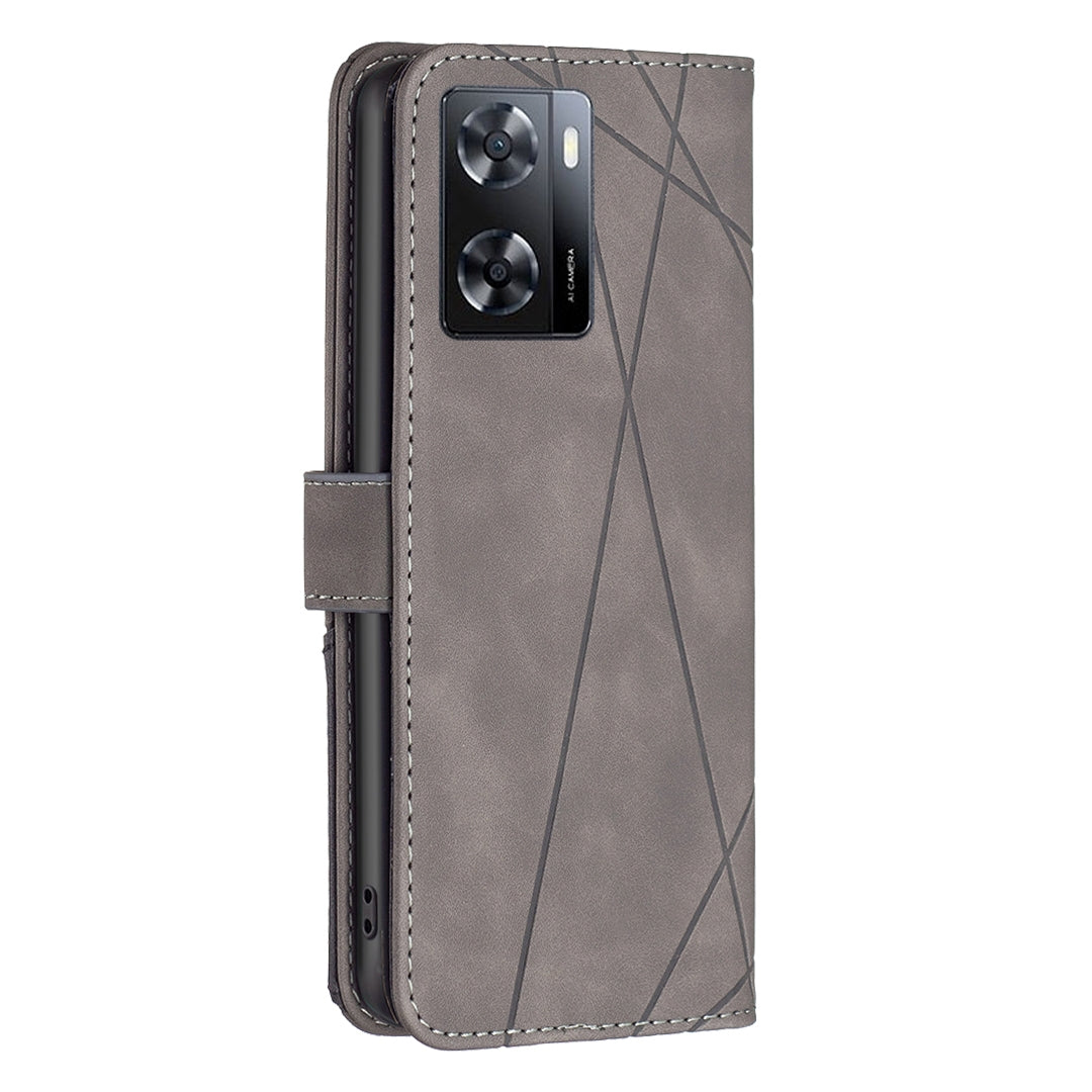 OPPO A57 4G Wallet Case – Rhombus Texture PU Leather, Magnetic Buckle, Card Slots, Stand Function, Shockproof Protective Cover