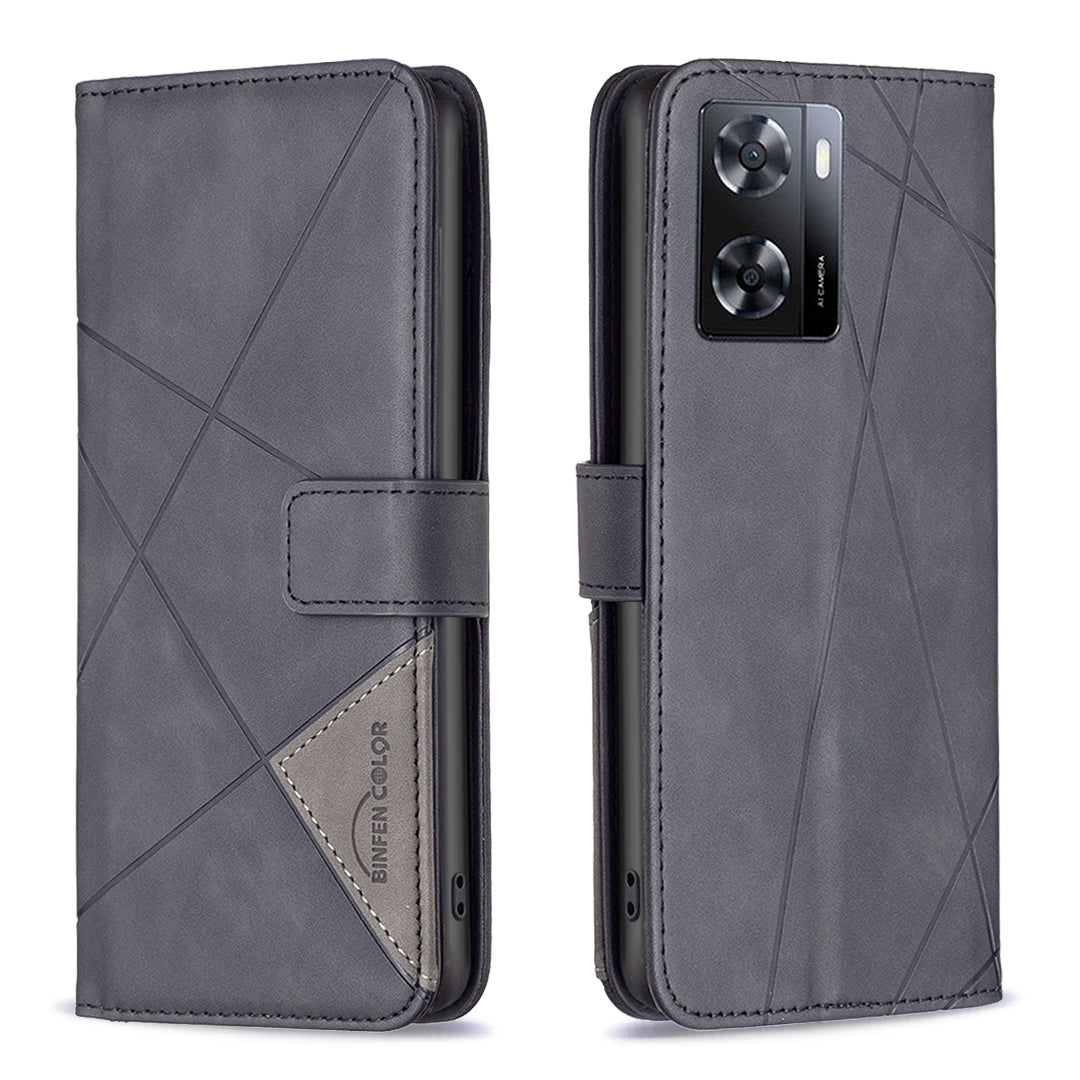 OPPO A57 4G Wallet Case – Rhombus Texture PU Leather, Magnetic Buckle, Card Slots, Stand Function, Shockproof Protective Cover