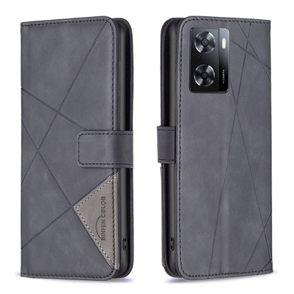 OPPO A57 4G Wallet Case – Rhombus Texture PU Leather, Magnetic Buckle, Card Slots, Stand Function, Shockproof Protective Cover