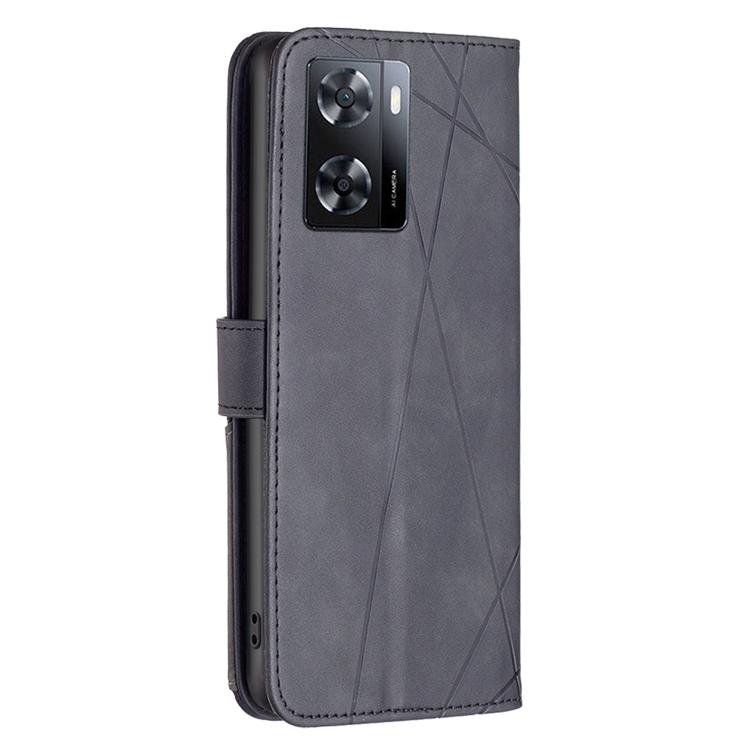 OPPO A57 4G Wallet Case – Rhombus Texture PU Leather, Magnetic Buckle, Card Slots, Stand Function, Shockproof Protective Cover