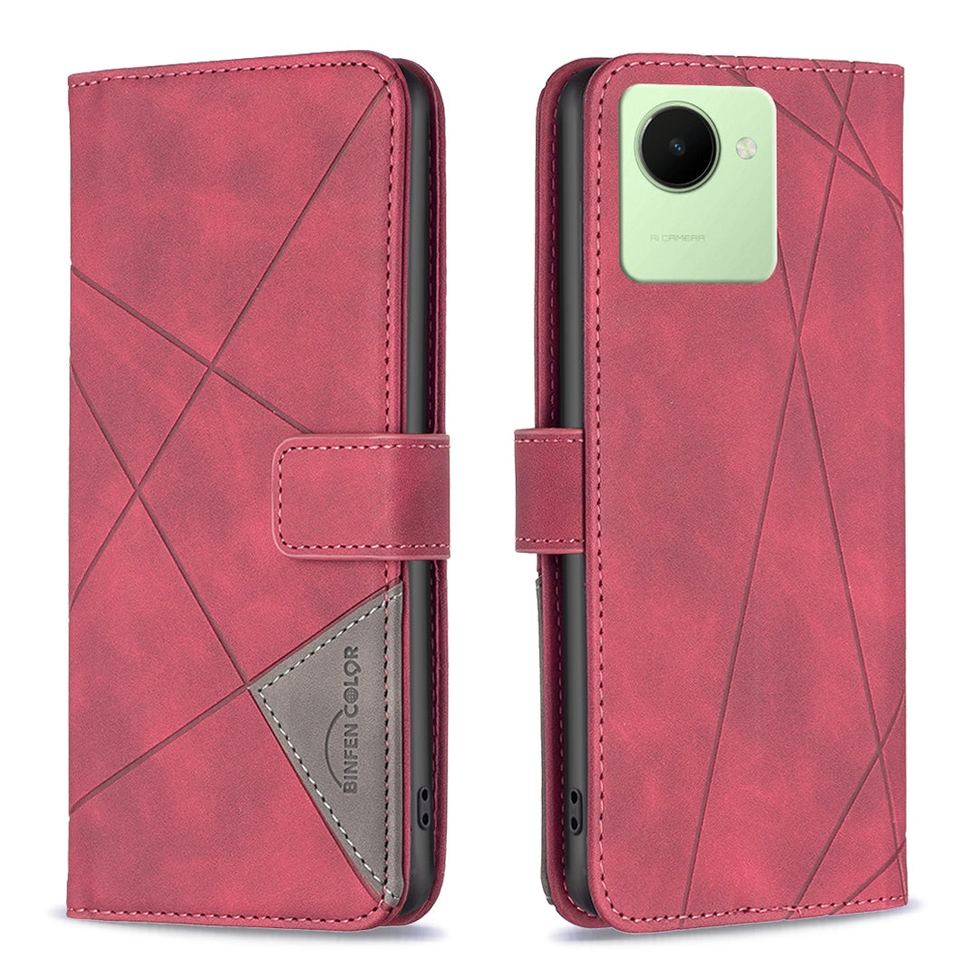 Realme C30 Wallet Case – Rhombus Texture PU Leather, Magnetic Buckle, Card Slots, Stand Function, Shockproof Protective Cover