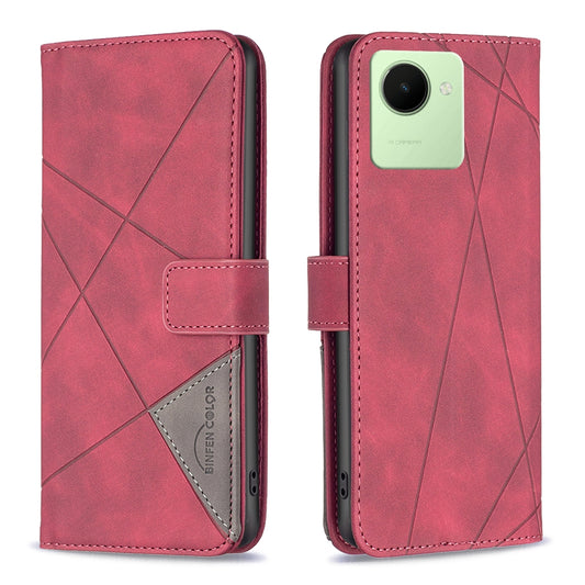 Realme C30 Wallet Case – Rhombus Texture PU Leather, Magnetic Buckle, Card Slots, Stand Function, Shockproof Protective Cover