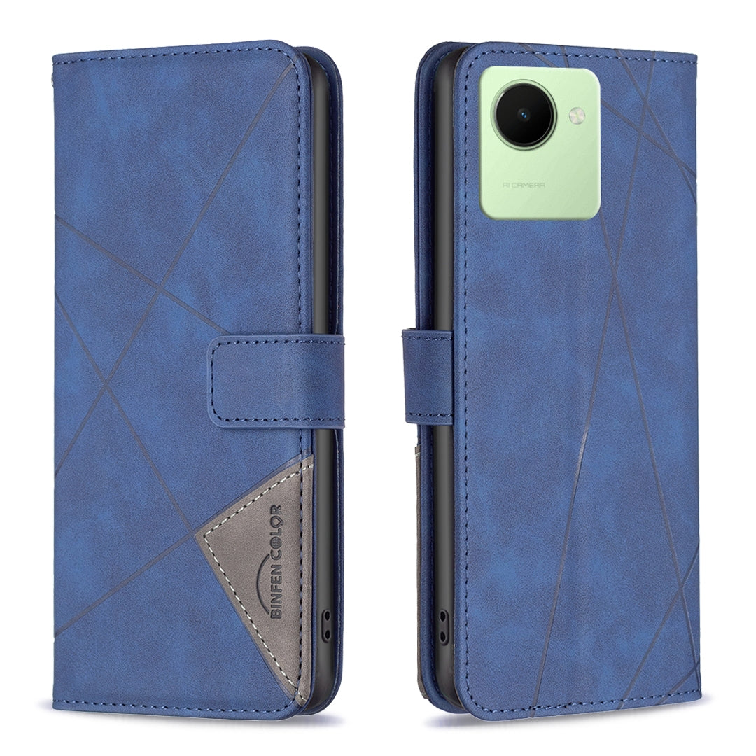 Realme C30 Wallet Case – Rhombus Texture PU Leather, Magnetic Buckle, Card Slots, Stand Function, Shockproof Protective Cover