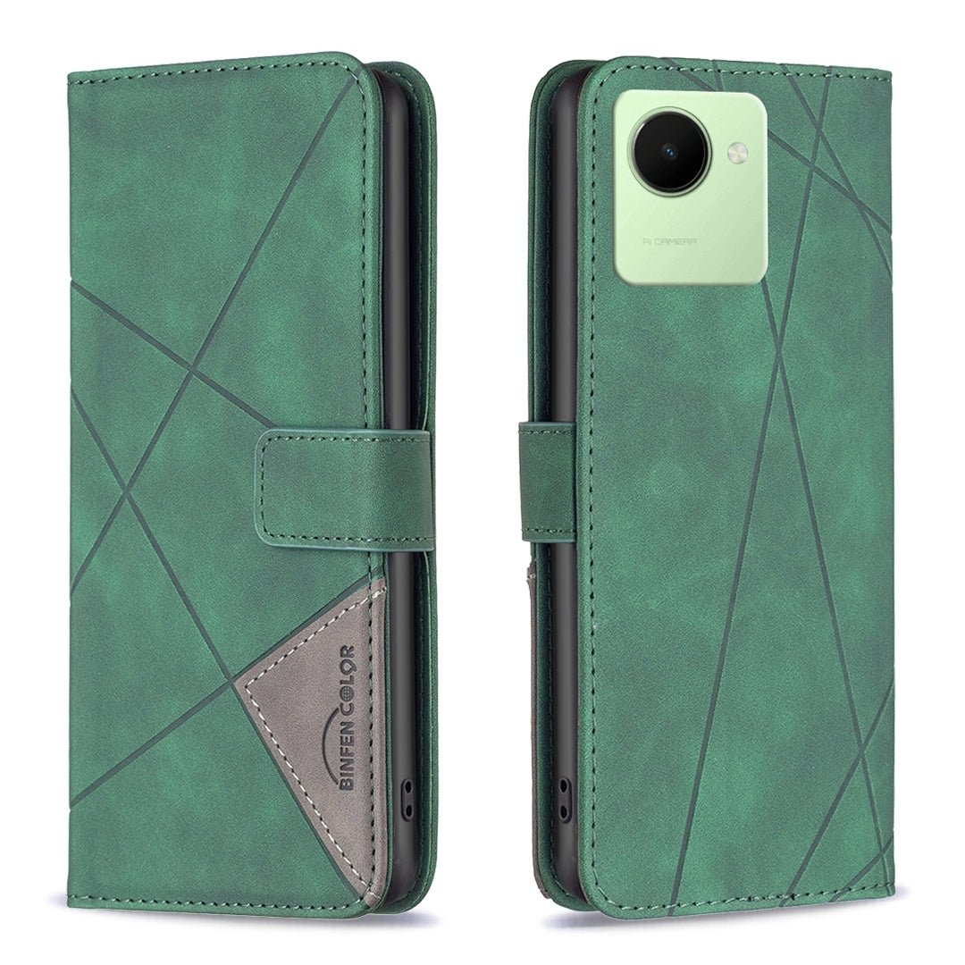 Realme C30 Wallet Case – Rhombus Texture PU Leather, Magnetic Buckle, Card Slots, Stand Function, Shockproof Protective Cover