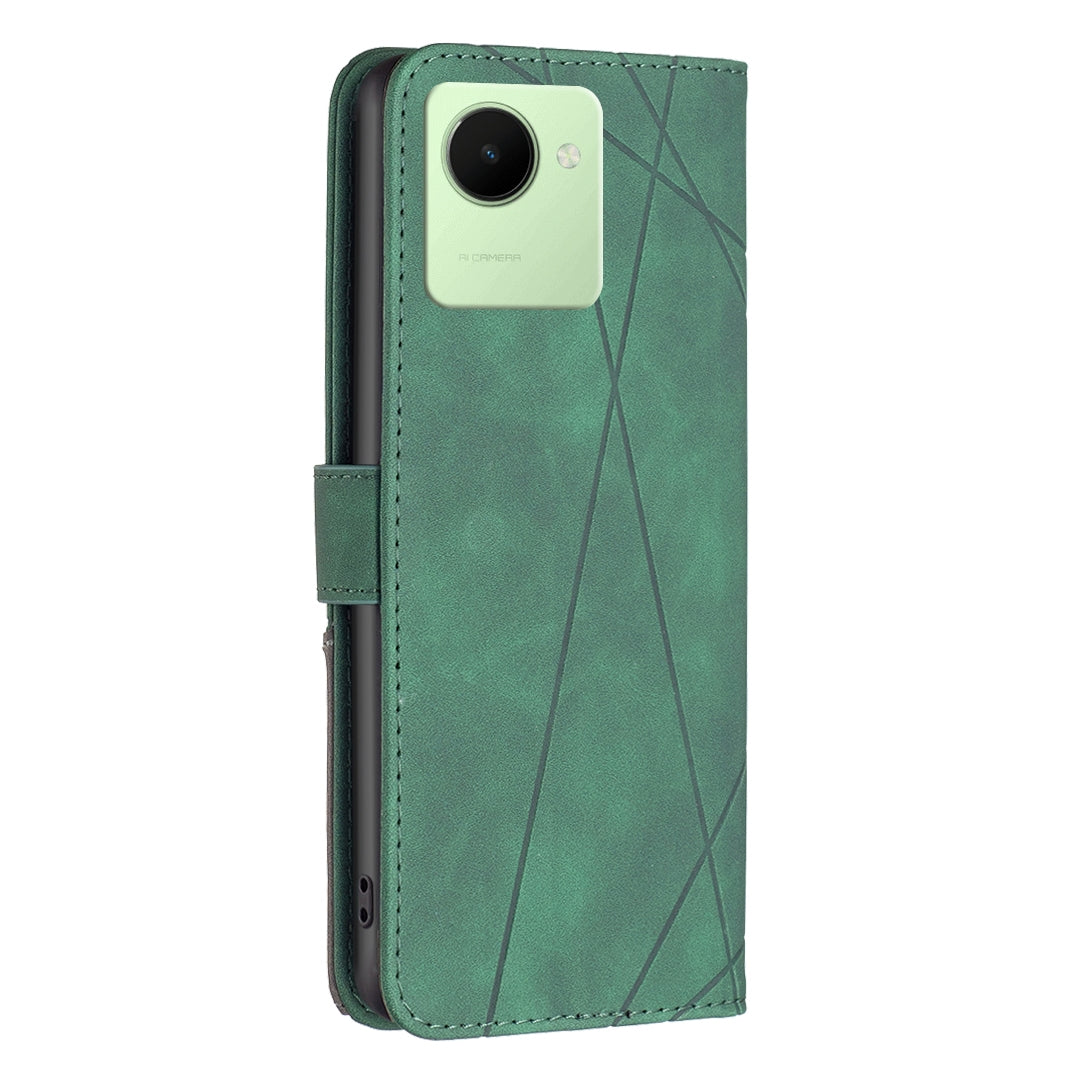 Realme C30 Wallet Case – Rhombus Texture PU Leather, Magnetic Buckle, Card Slots, Stand Function, Shockproof Protective Cover
