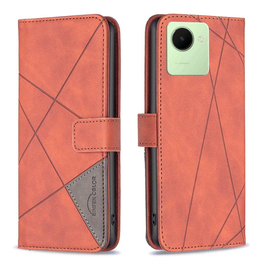 Realme C30 Wallet Case – Rhombus Texture PU Leather, Magnetic Buckle, Card Slots, Stand Function, Shockproof Protective Cover