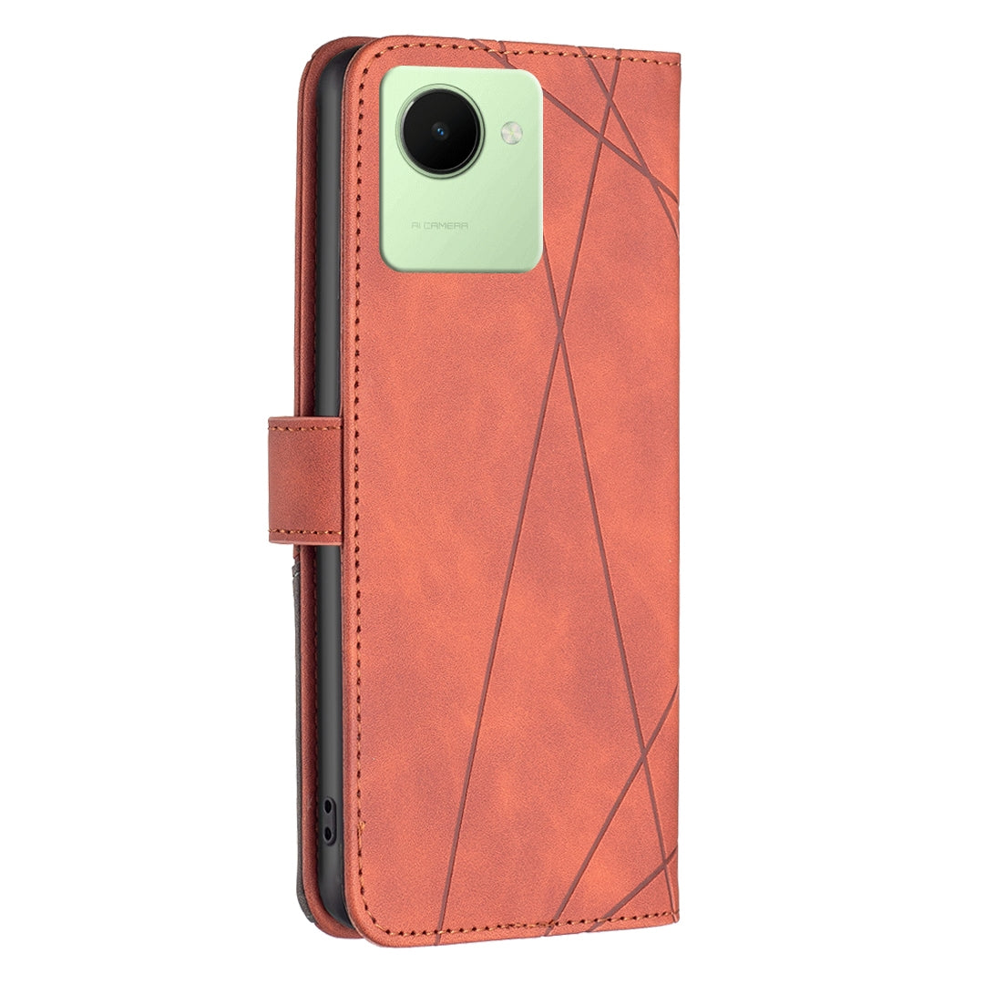 Realme C30 Wallet Case – Rhombus Texture PU Leather, Magnetic Buckle, Card Slots, Stand Function, Shockproof Protective Cover