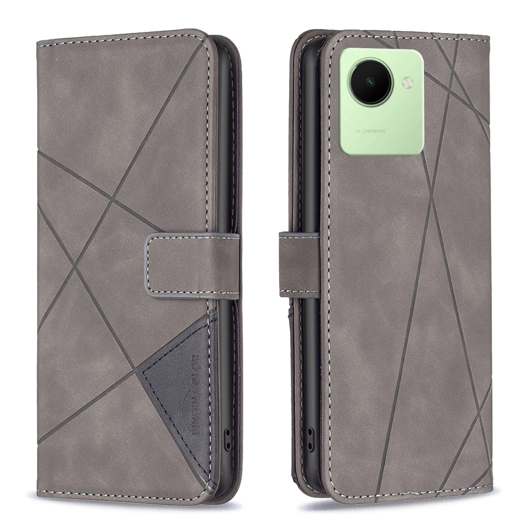 Realme C30 Wallet Case – Rhombus Texture PU Leather, Magnetic Buckle, Card Slots, Stand Function, Shockproof Protective Cover