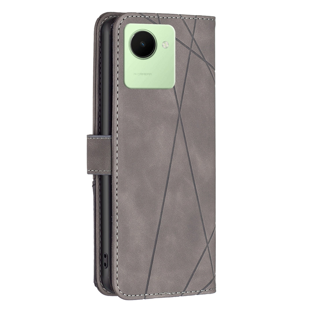 Realme C30 Wallet Case – Rhombus Texture PU Leather, Magnetic Buckle, Card Slots, Stand Function, Shockproof Protective Cover