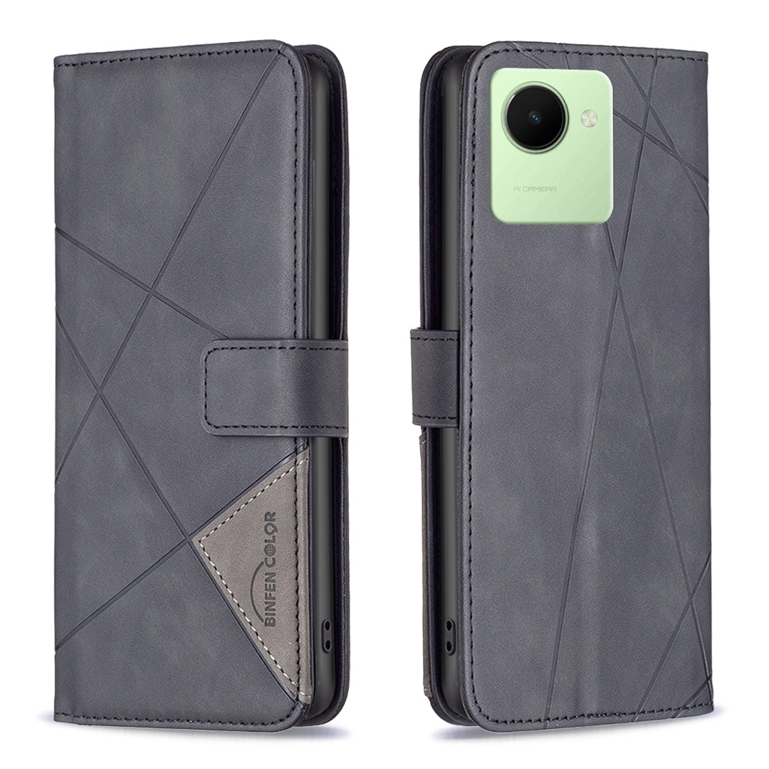 Realme C30 Wallet Case – Rhombus Texture PU Leather, Magnetic Buckle, Card Slots, Stand Function, Shockproof Protective Cover