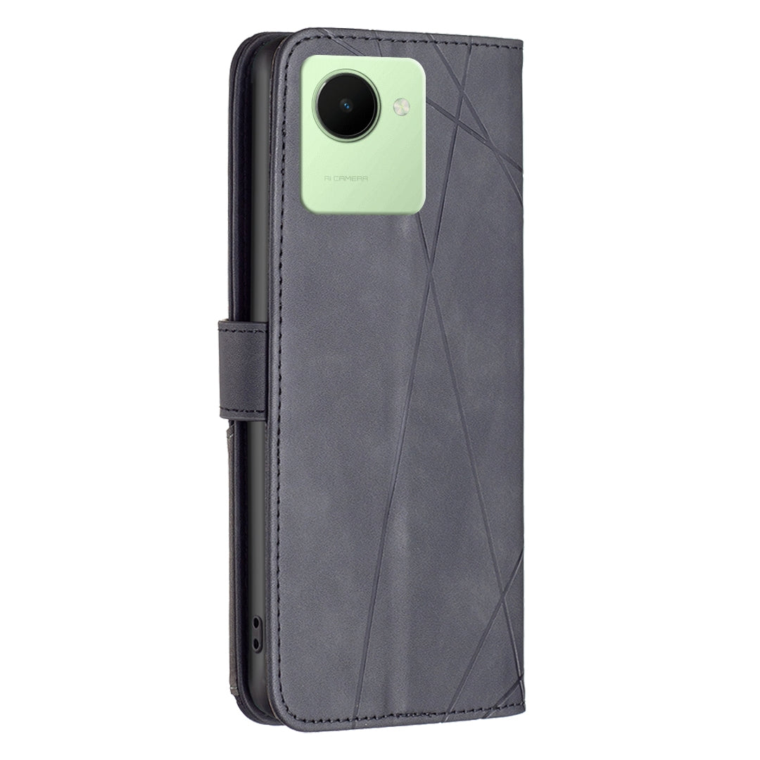 Realme C30 Wallet Case – Rhombus Texture PU Leather, Magnetic Buckle, Card Slots, Stand Function, Shockproof Protective Cover