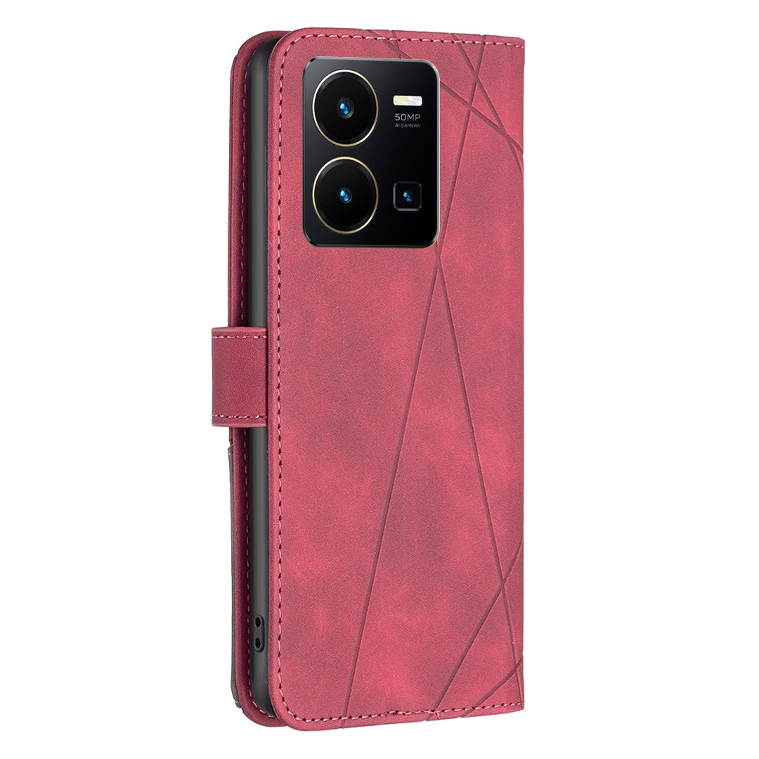 vivo Y35 Wallet Case – Rhombus Texture PU Leather, Magnetic Buckle, Card Slots, Stand Function, Shockproof Protective Cover
