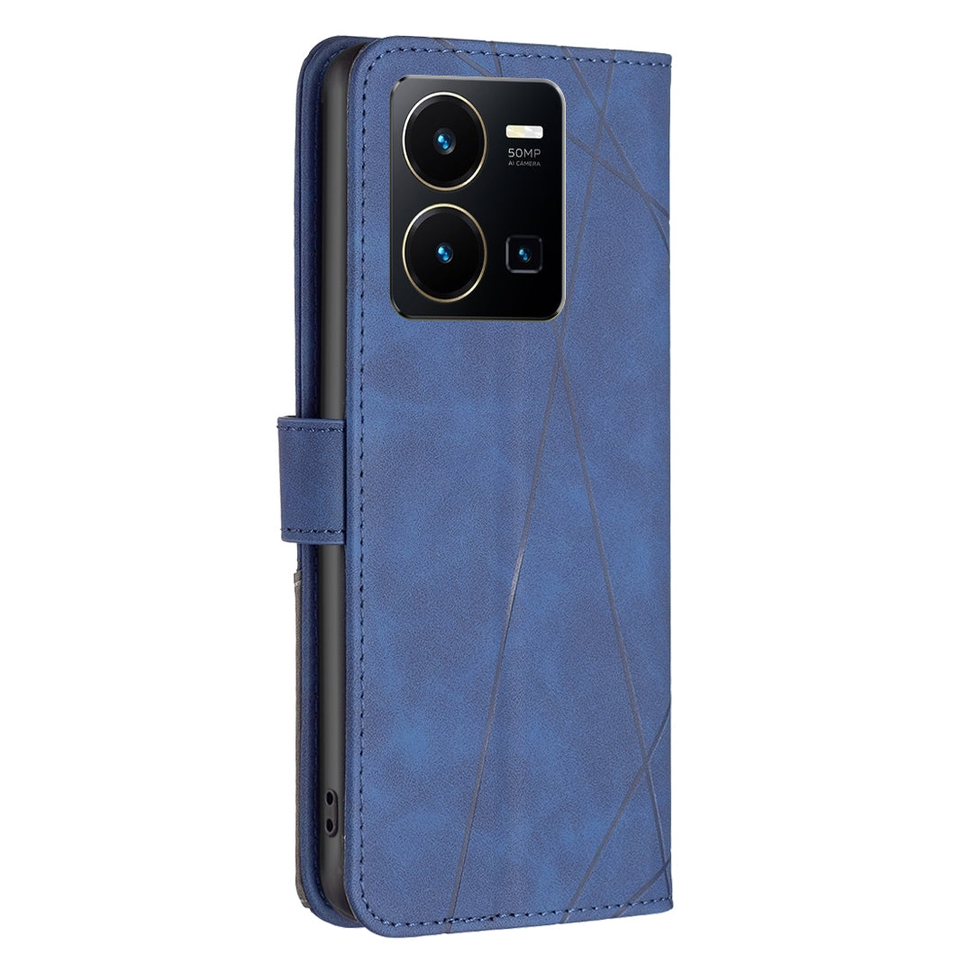 vivo Y35 Wallet Case – Rhombus Texture PU Leather, Magnetic Buckle, Card Slots, Stand Function, Shockproof Protective Cover