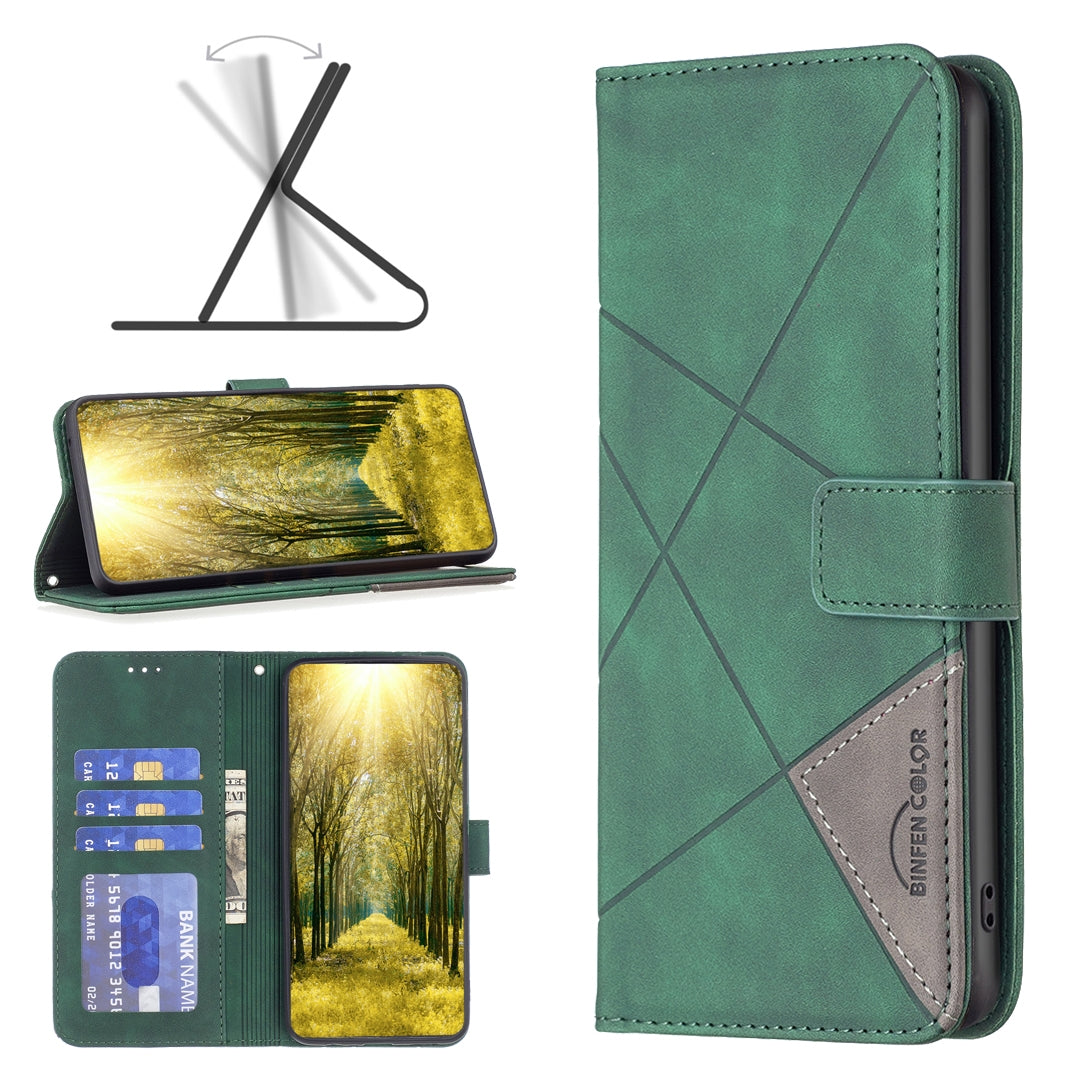 vivo Y35 Wallet Case – Rhombus Texture PU Leather, Magnetic Buckle, Card Slots, Stand Function, Shockproof Protective Cover