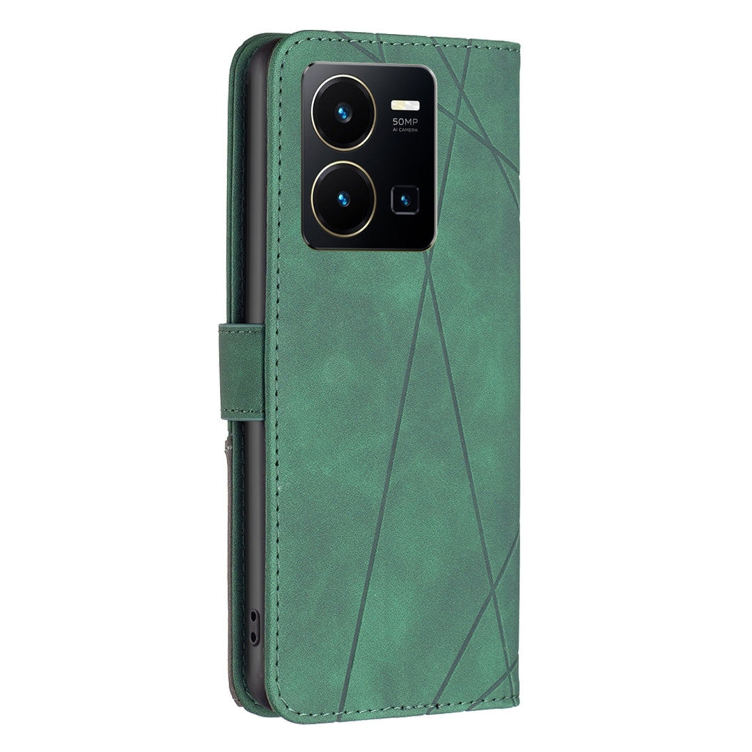 vivo Y35 Wallet Case – Rhombus Texture PU Leather, Magnetic Buckle, Card Slots, Stand Function, Shockproof Protective Cover