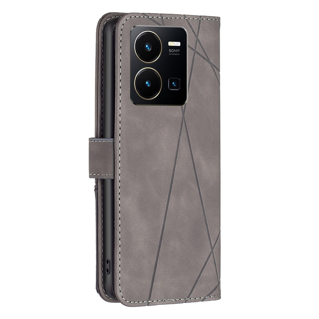 vivo Y35 Wallet Case – Rhombus Texture PU Leather, Magnetic Buckle, Card Slots, Stand Function, Shockproof Protective Cover