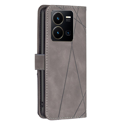 vivo Y35 Wallet Case – Rhombus Texture PU Leather, Magnetic Buckle, Card Slots, Stand Function, Shockproof Protective Cover