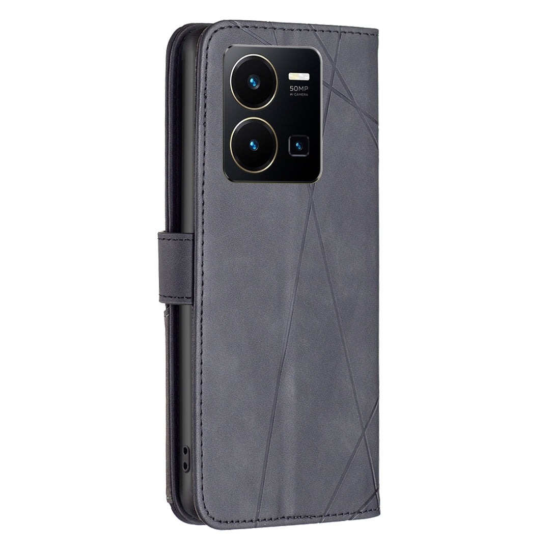 vivo Y35 Wallet Case – Rhombus Texture PU Leather, Magnetic Buckle, Card Slots, Stand Function, Shockproof Protective Cover