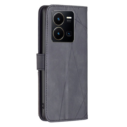 vivo Y35 Wallet Case – Rhombus Texture PU Leather, Magnetic Buckle, Card Slots, Stand Function, Shockproof Protective Cover
