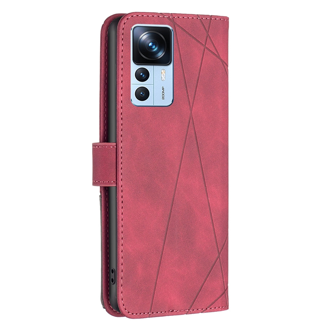 Xiaomi 12T Wallet Case – Rhombus Texture PU Leather, Magnetic Buckle, Card Slots, Stand Function, Shockproof Protective Cover