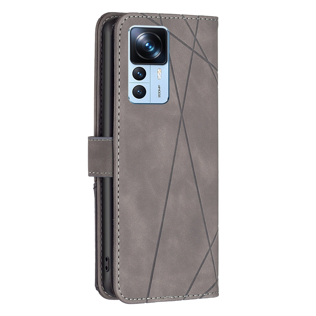 Xiaomi 12T Pro Wallet Case – Rhombus Texture PU Leather, Magnetic Buckle, Card Slots, Stand Function, Shockproof Protective Cover