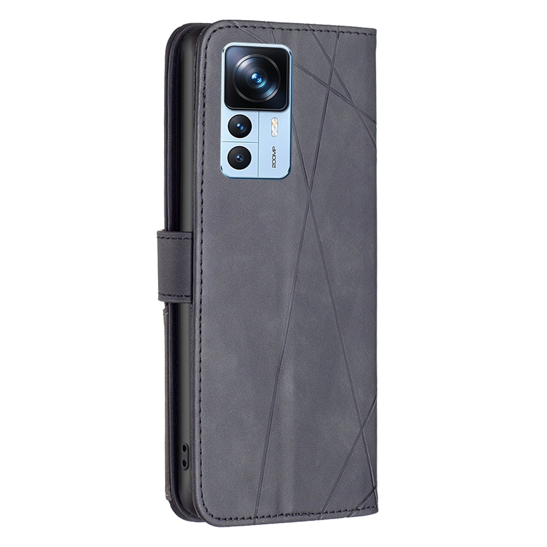 Xiaomi 12T Wallet Case – Rhombus Texture PU Leather, Magnetic Buckle, Card Slots, Stand Function, Shockproof Protective Cover