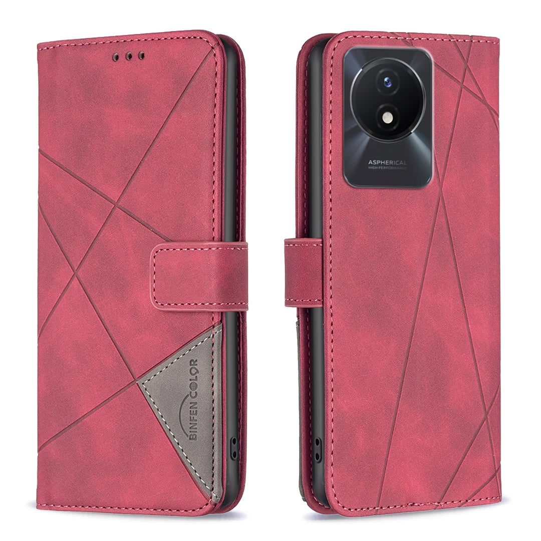 vivo Y02 4G Wallet Case – Rhombus Texture PU Leather, Magnetic Buckle, Card Slots, Stand Function, Shockproof Protective Cover