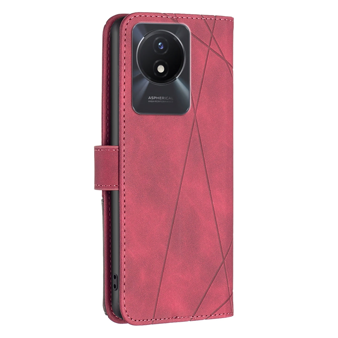 vivo Y02 4G Wallet Case – Rhombus Texture PU Leather, Magnetic Buckle, Card Slots, Stand Function, Shockproof Protective Cover