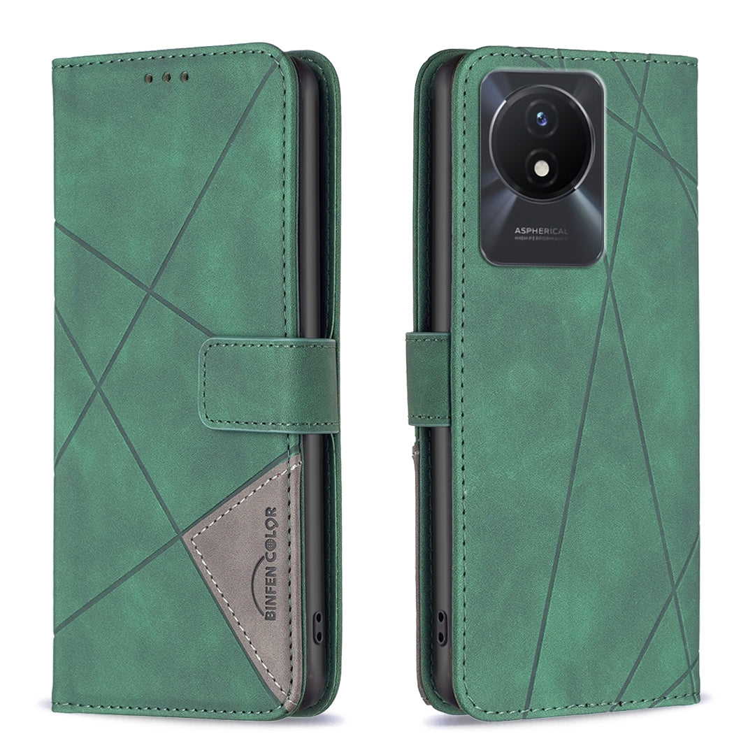 vivo Y02 4G Wallet Case – Rhombus Texture PU Leather, Magnetic Buckle, Card Slots, Stand Function, Shockproof Protective Cover