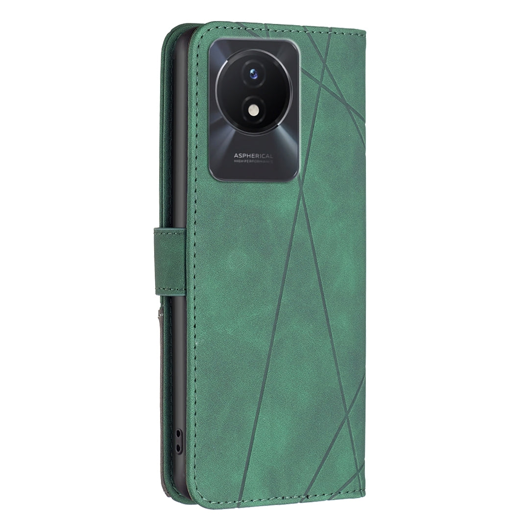 vivo Y02 4G Wallet Case – Rhombus Texture PU Leather, Magnetic Buckle, Card Slots, Stand Function, Shockproof Protective Cover