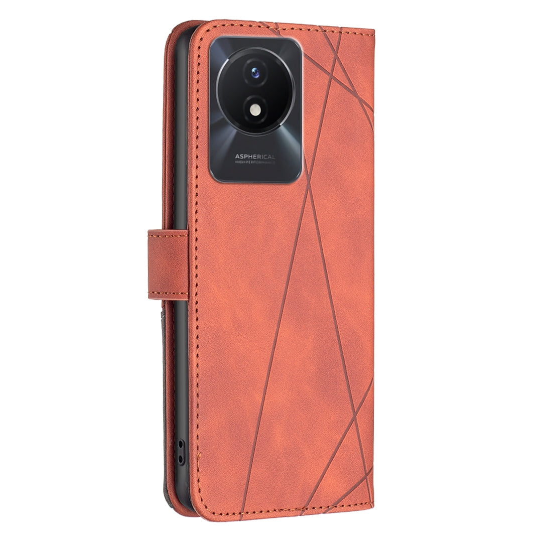 vivo Y02 4G Wallet Case – Rhombus Texture PU Leather, Magnetic Buckle, Card Slots, Stand Function, Shockproof Protective Cover