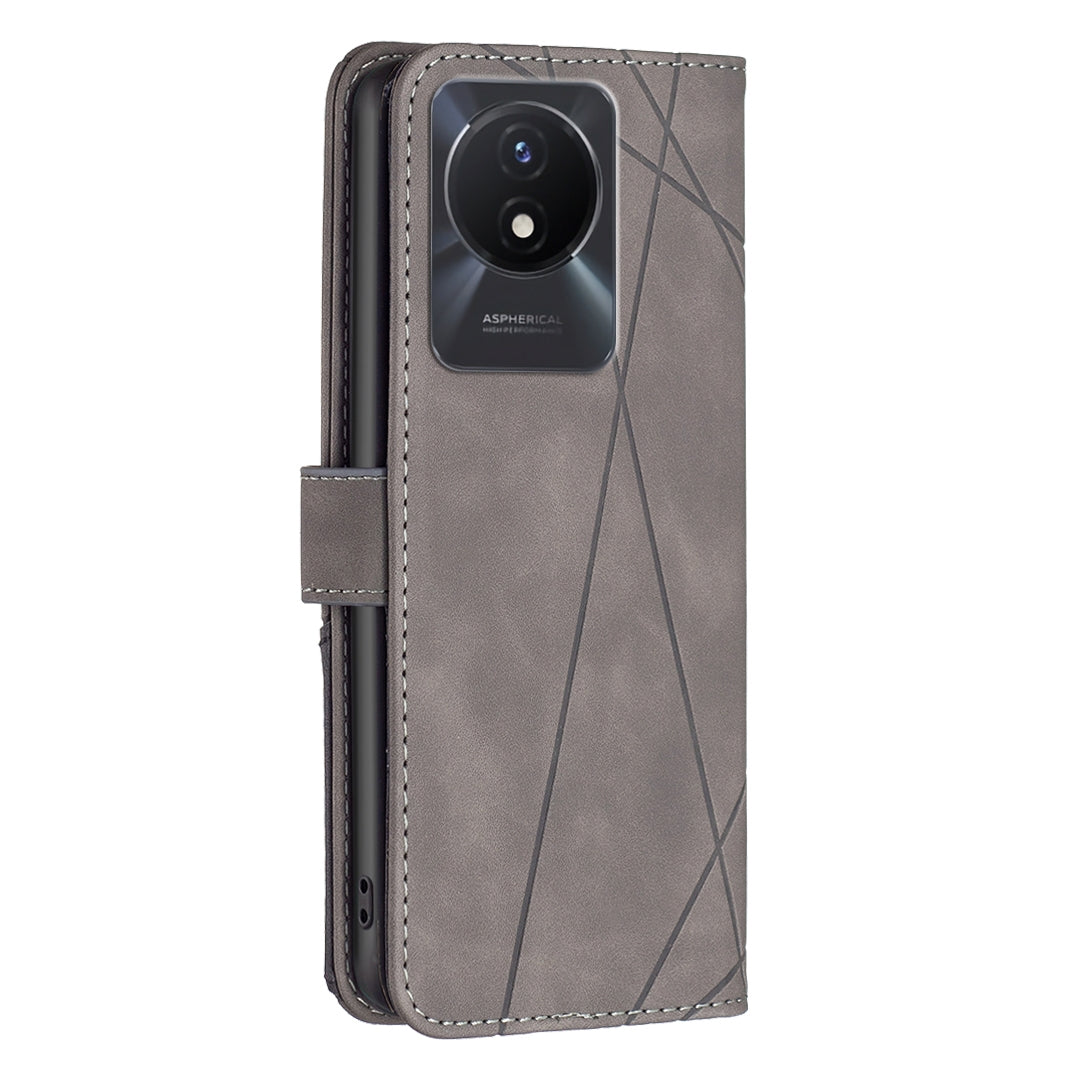 vivo Y02 4G Wallet Case – Rhombus Texture PU Leather, Magnetic Buckle, Card Slots, Stand Function, Shockproof Protective Cover