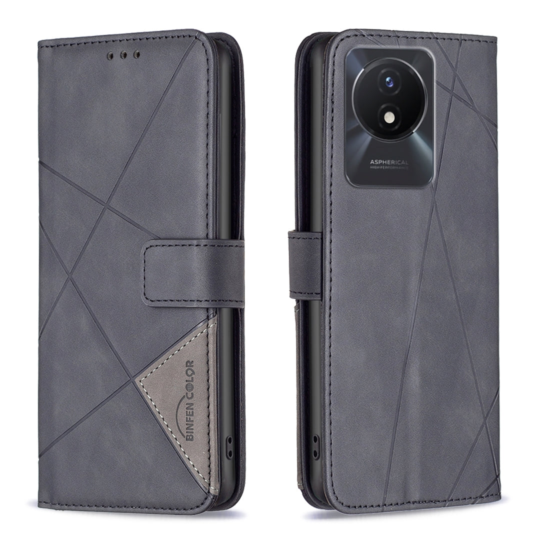 vivo Y02 4G Wallet Case – Rhombus Texture PU Leather, Magnetic Buckle, Card Slots, Stand Function, Shockproof Protective Cover