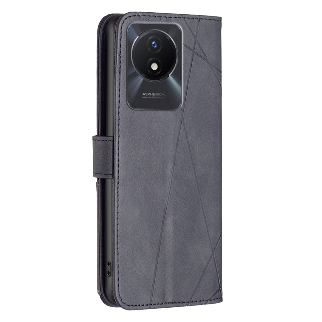 vivo Y02 4G Wallet Case – Rhombus Texture PU Leather, Magnetic Buckle, Card Slots, Stand Function, Shockproof Protective Cover